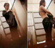 工地簡陋的鐵皮房偷窺小美女洗澡~這B毛是相當的有個性